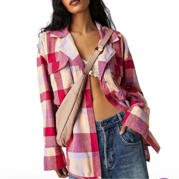 We The Free Red and Pink Plaid Button Down Shirt - Picture 1 of 7
